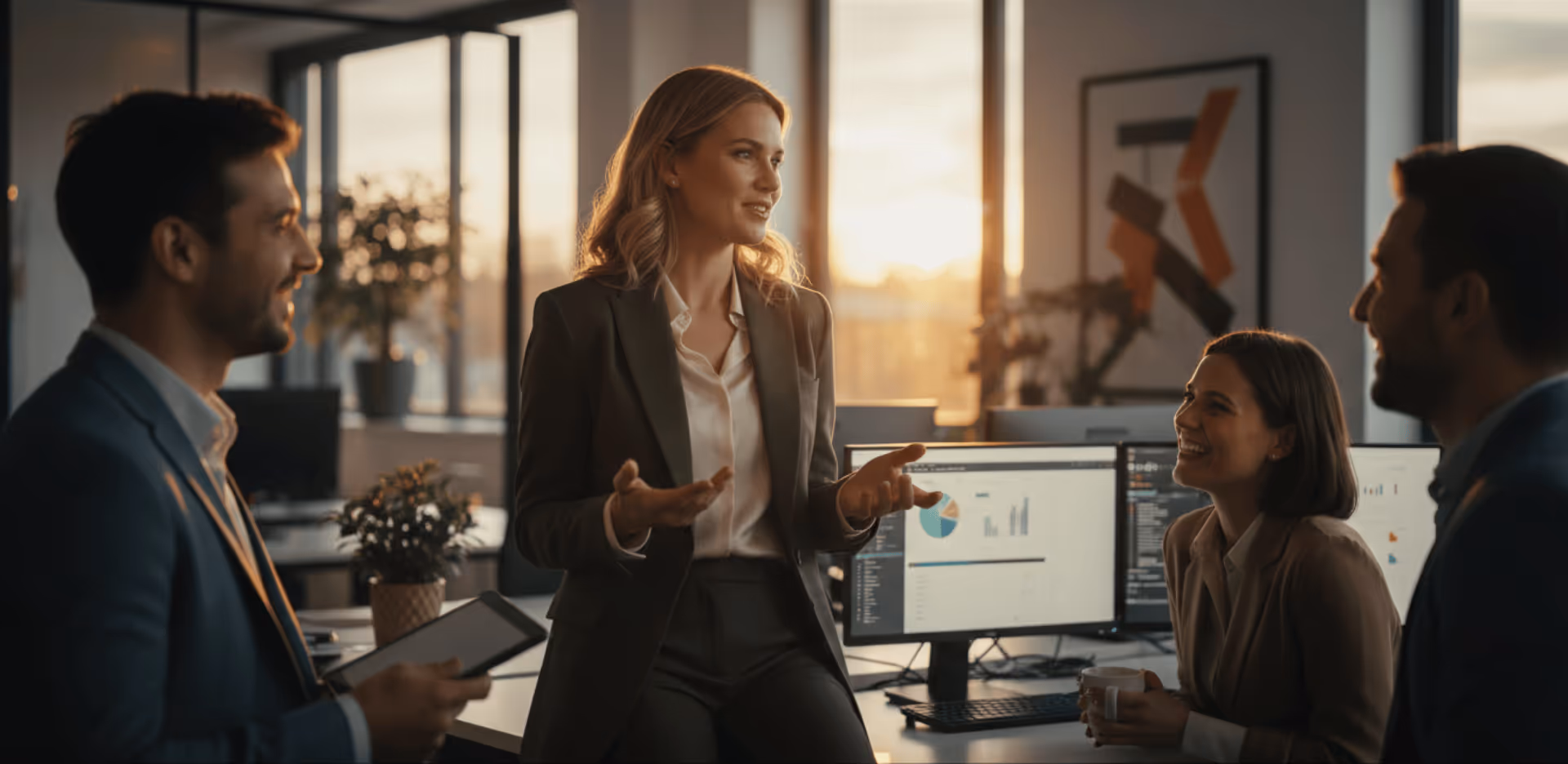 German latex importer, a Proven client, talking with her staff in her office in Berlin